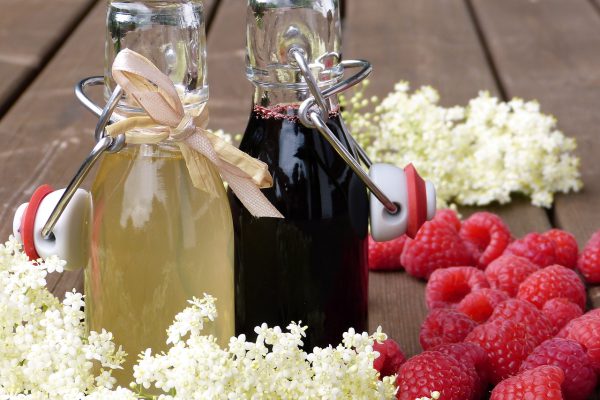 bottles, raspberries, syrup