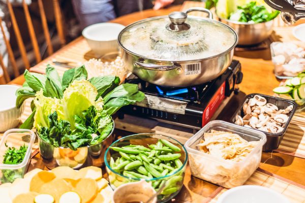 hot pot, table, veggies