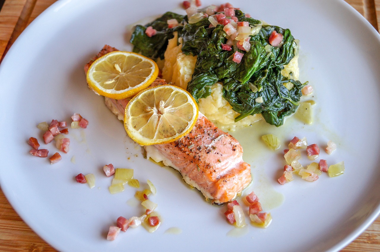 salmon, spinach, food