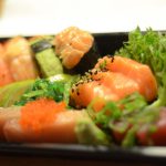 sushi, salmon, salad