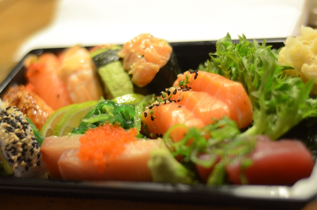 sushi, salmon, salad