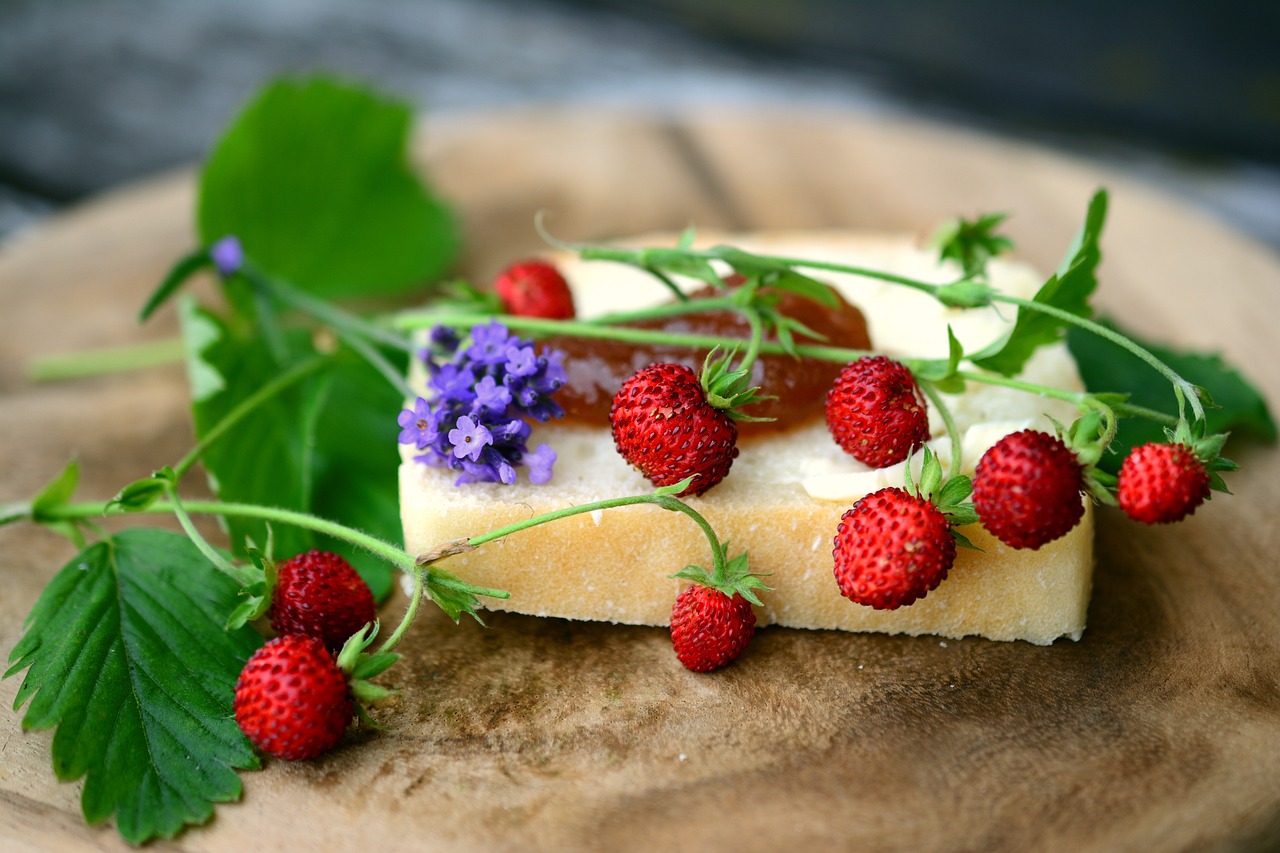 wild strawberries, fruit, bread