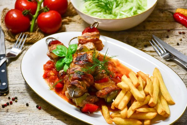 meat skewer, shashlik, french fries