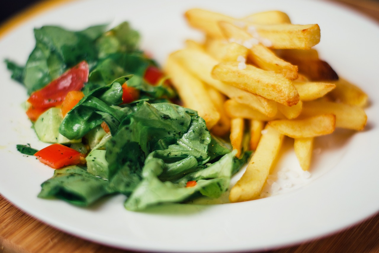 food, salad, french fries