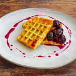 toasted waffles, cherries, sauce