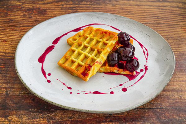 toasted waffles, cherries, sauce