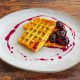 toasted waffles, cherries, sauce