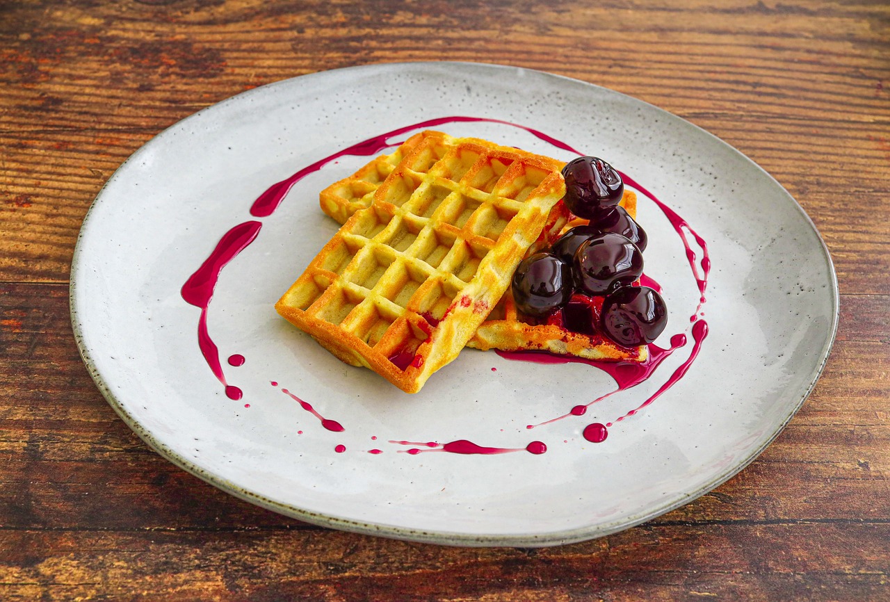 toasted waffles, cherries, sauce