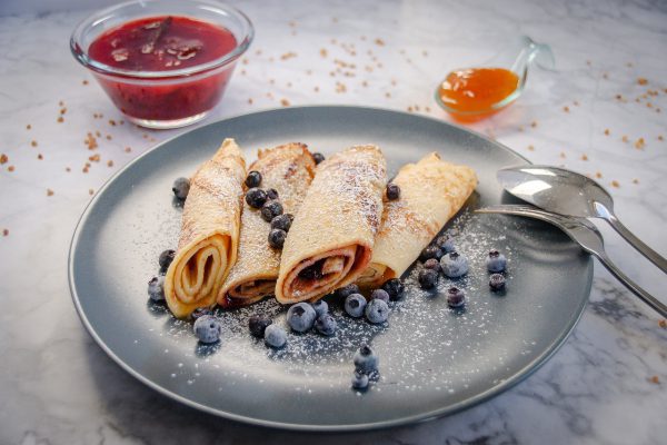 crepes, blueberries, plate