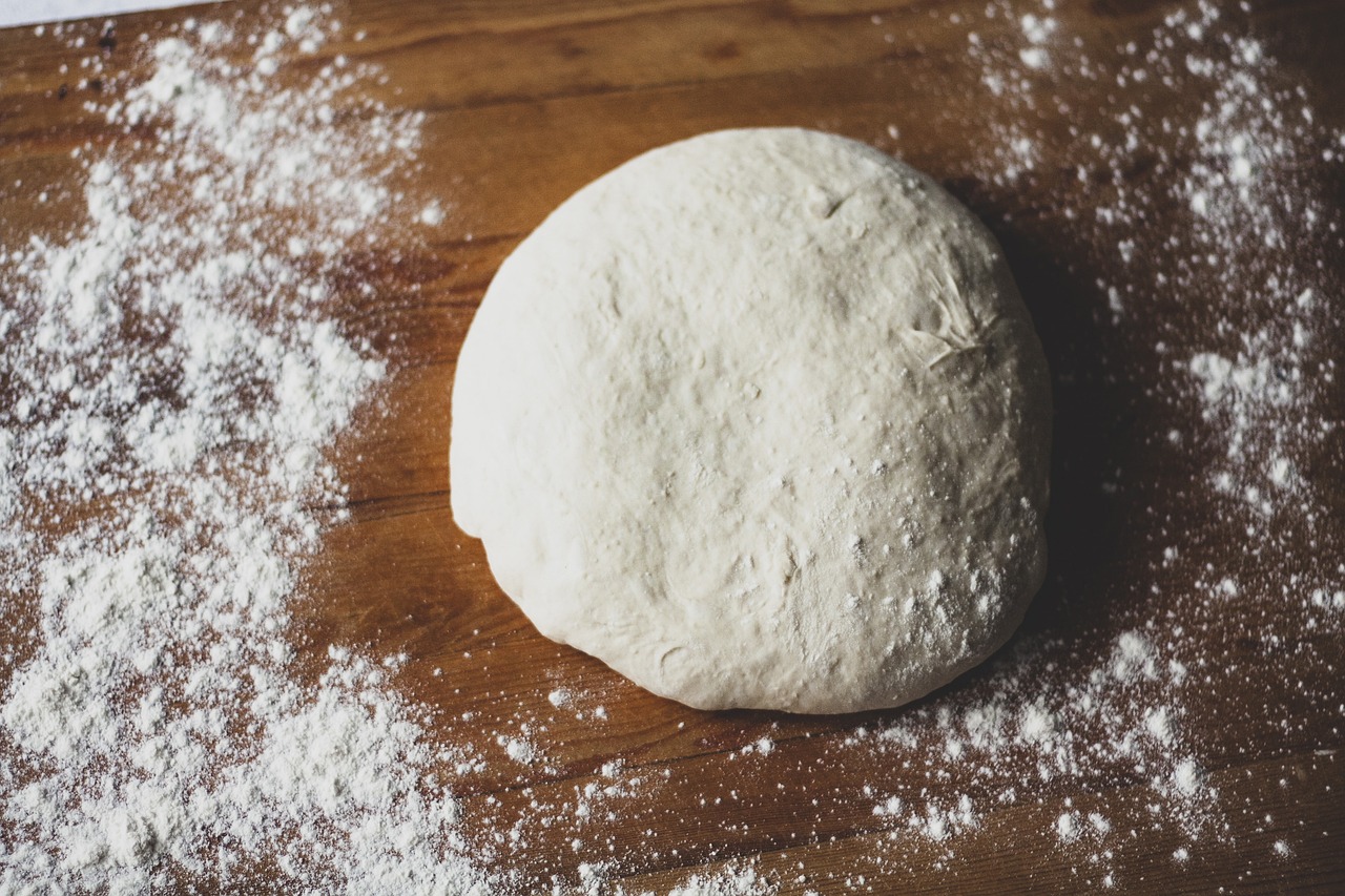 dough, flour, wooden table