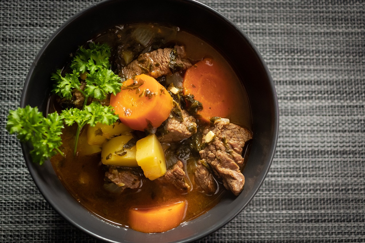 dish, beef stew, flatlay